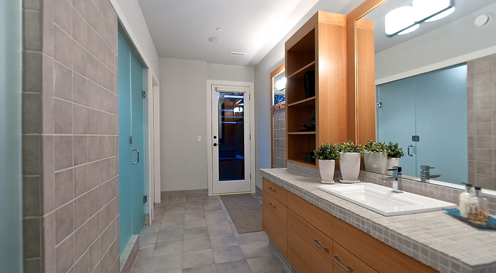 Spa Bathroom with Steam Shower off Pool Area