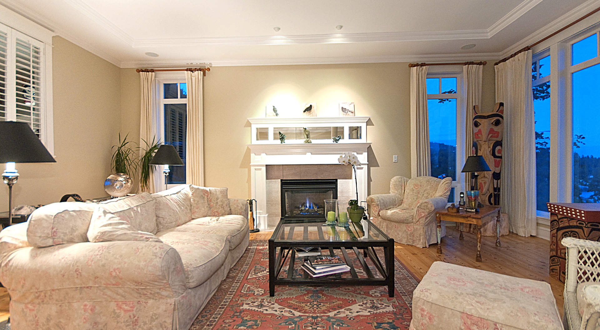 Living Room with Roaring Fireplace