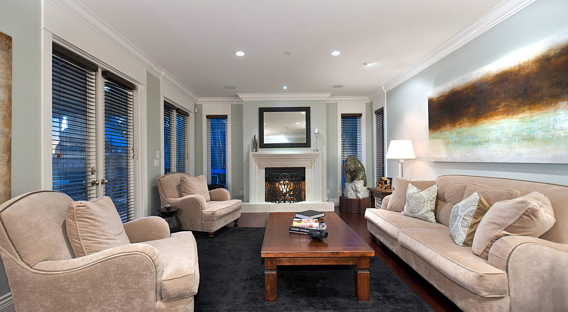 Spacious Living Area with Roaring Fireplace