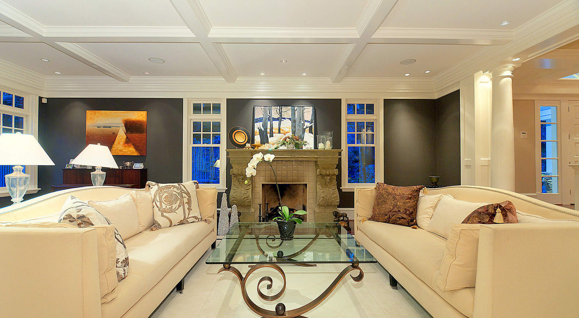 Spacious Living Room with Stone Fireplace